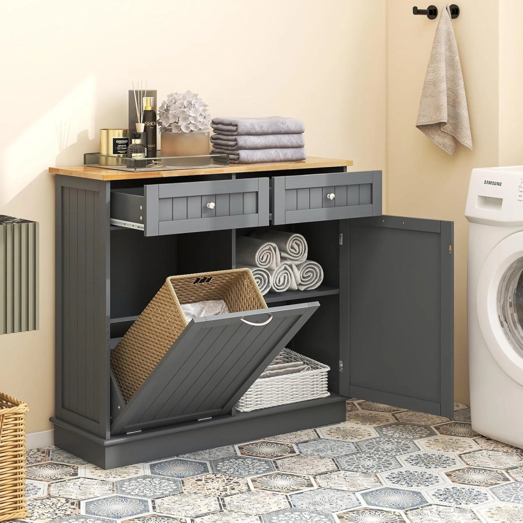Credenza Cucina con Supporto per Bidoni della Spazzatura 42 L, Mobile Dimpensa Portaoggetti con 2 Cassetti e Ripiano Regolabile, per Sala da Pranzo, Soggiorno, 100 x 35 x 90,5 cm (Grigio)
