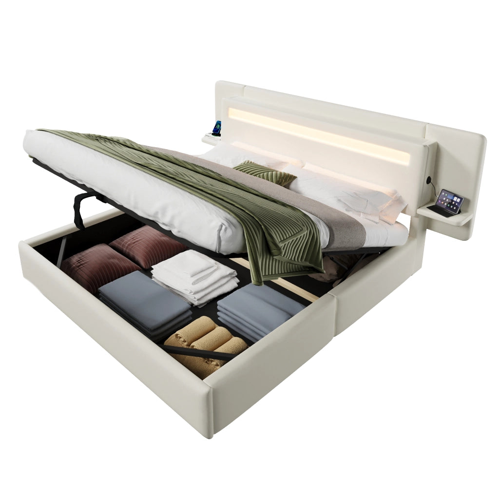 Letto imbottito 180x200 cm in lino beige con contenitore; LED multicolore e presa USB