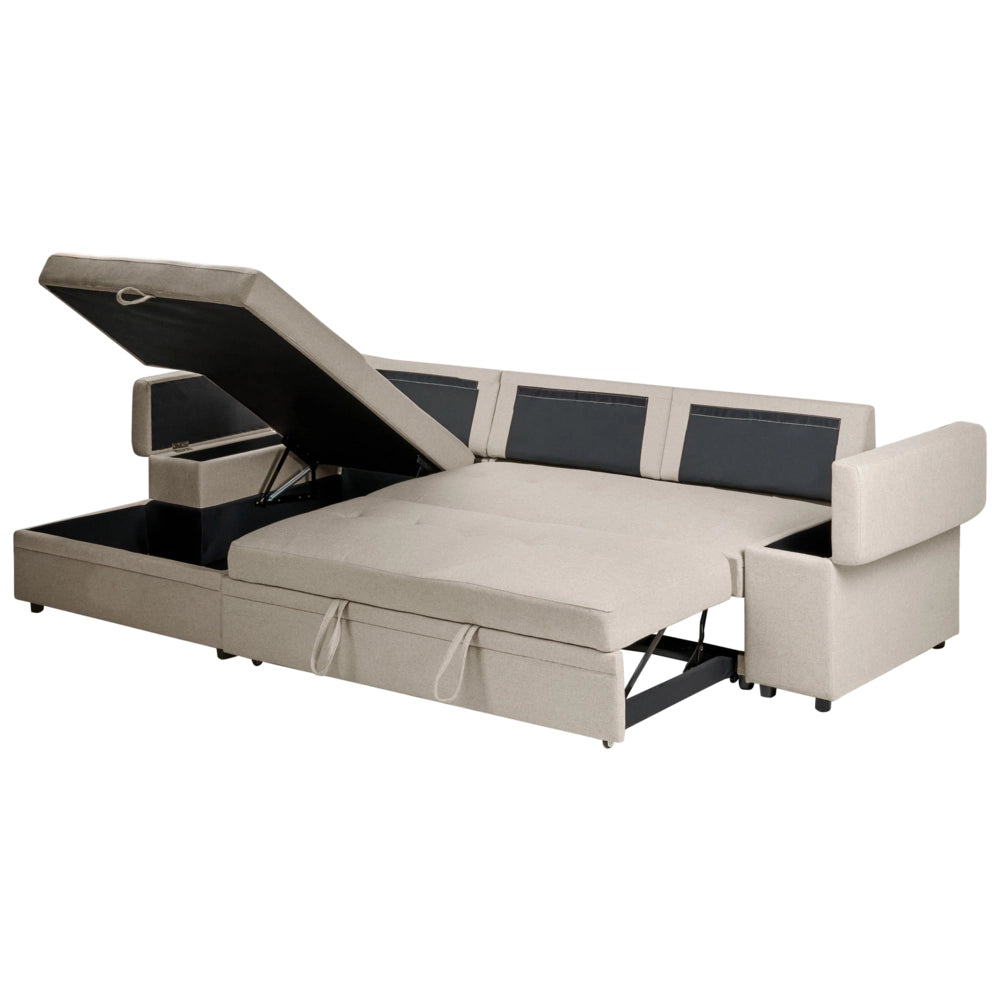 Divano letto angolare in finto lino per mancini con contenitore Cuscini in poliestere Schienale beige lato destro