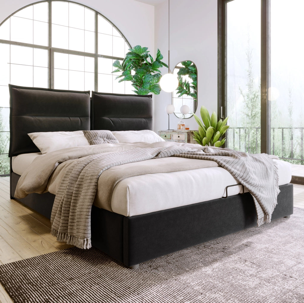 Letto matrimoniale 140x200 cm con contenitore e testiera regolabile; velluto nero