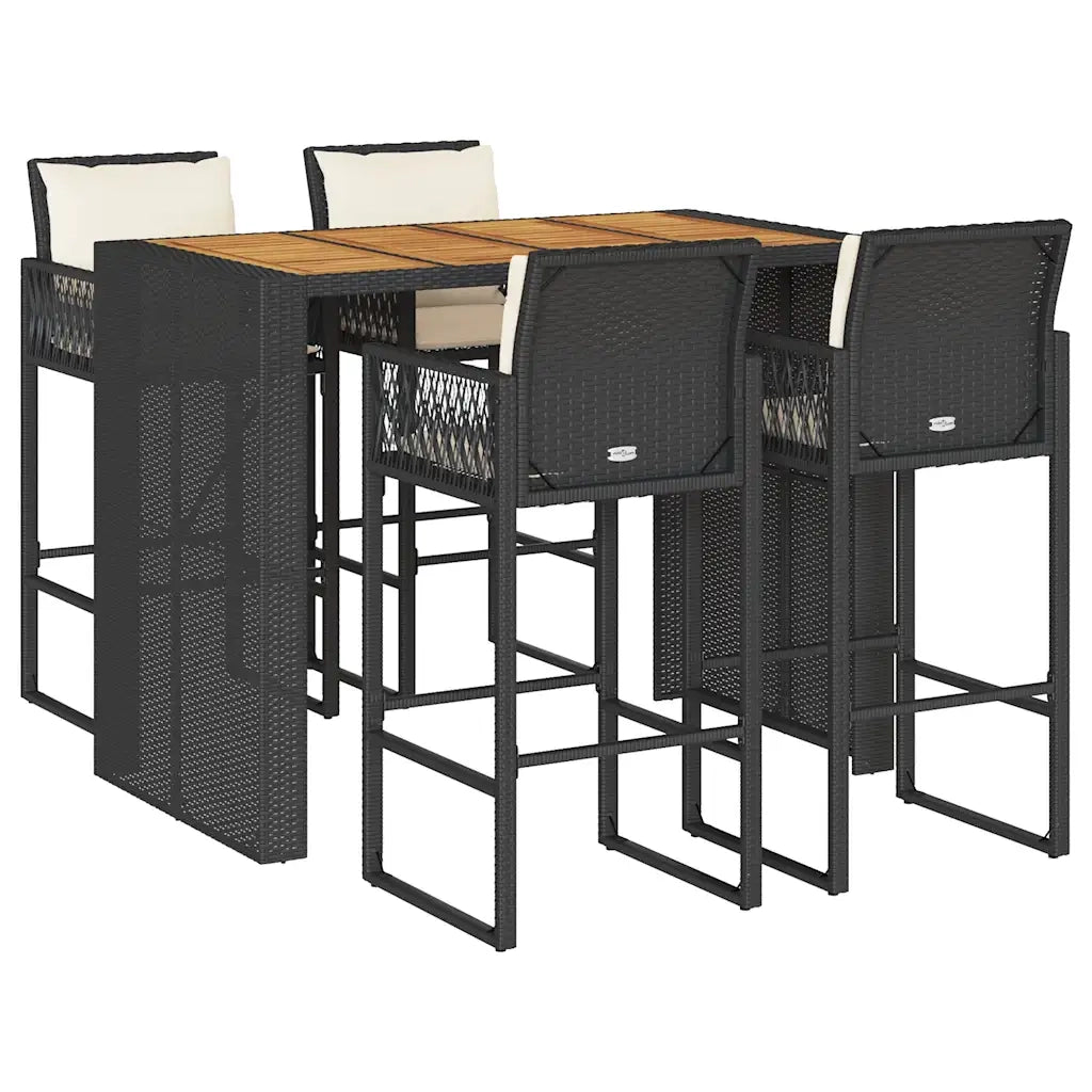 Set Bar da Giardino 5 pz con Cuscini Nero in Polyrattan Acacia 3328899