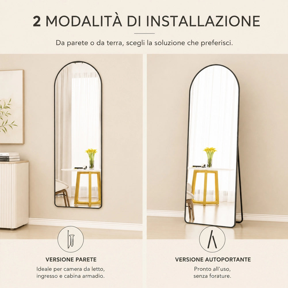 Specchio ad Arco da Terra e Parete Nero Decorazione Design Moderno 155x45 cm