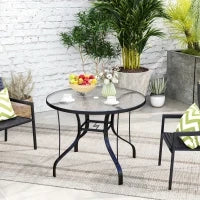 Tavolino da Giardino Rotondo con Foro per Ombrellone, in Metallo e Vetro Temperato, Ø96.5x71 cm, Nero