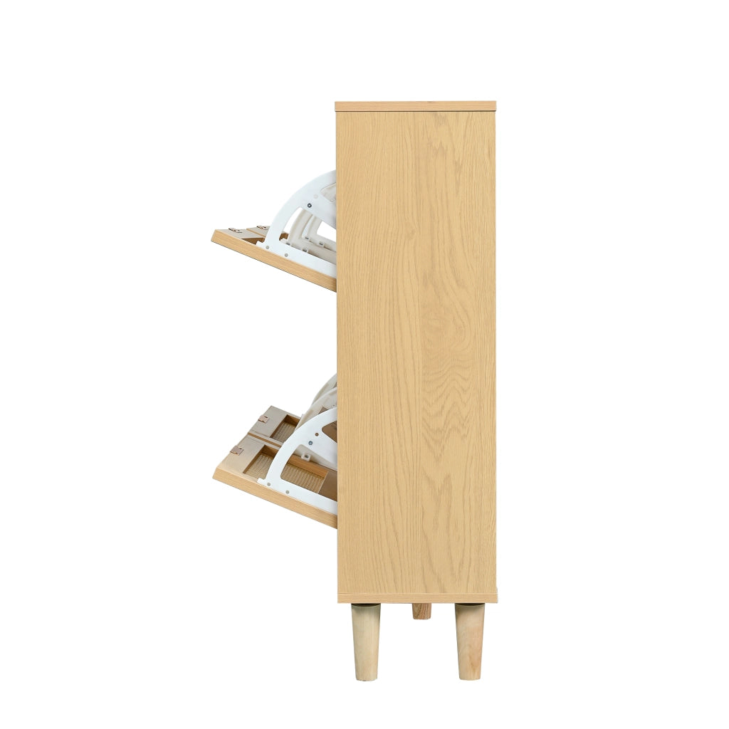Scarpiera con 4 ante a ribalta in rattan e effetto rovere, per ingresso, con maniglie in legno, 100 × 25 × 90 cm