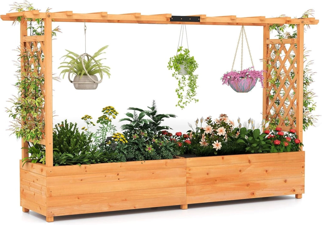 Fioriera rialzata con traliccio, 200 x 44 x 114 cm, fioriera con traliccio e tetto, aiuola rialzata per giardino, balcone, legno, per fiori, piante rampicanti e cesti sospesi, arancione