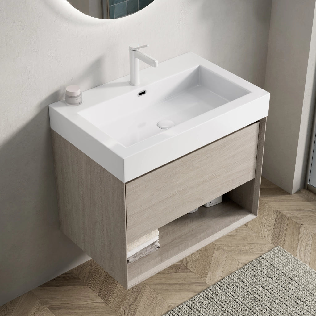 Mobile Bagno Sottolavabo con Lavabo Integrato ¨C MINIMAL ¨C Rovere Chiaro, 70cm, Cassetto, Ripiano, Multistrato