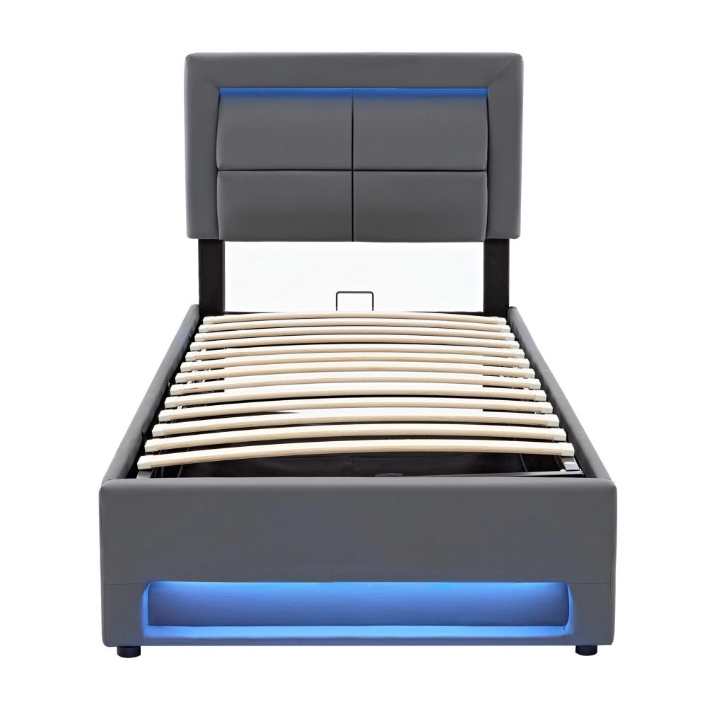 Letto imbottito 90x200 cm in PU grigio con USB; LED e contenitore