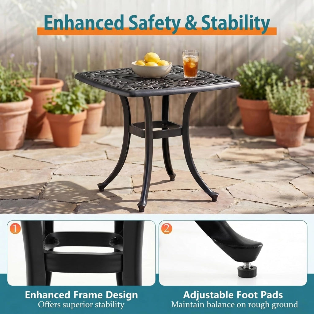 Tavolo da giardino con foro per ombrellone e motivo floreale decorativo, in alluminio pressofuso resistente alle intemperie, per gazebo, balcone e cortile, 54 x 54 x 53 cm