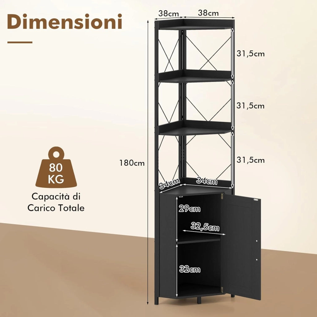 Libreria a 5 Ripiani, Mensola ad Angolo con Spazio di Archiviazione, Armadio ad Angolo con Paraspigoli Anticaduta, Autoportante, con 2 Kit Antiribaltamento, 38 x 38 x 180 cm (Nero)