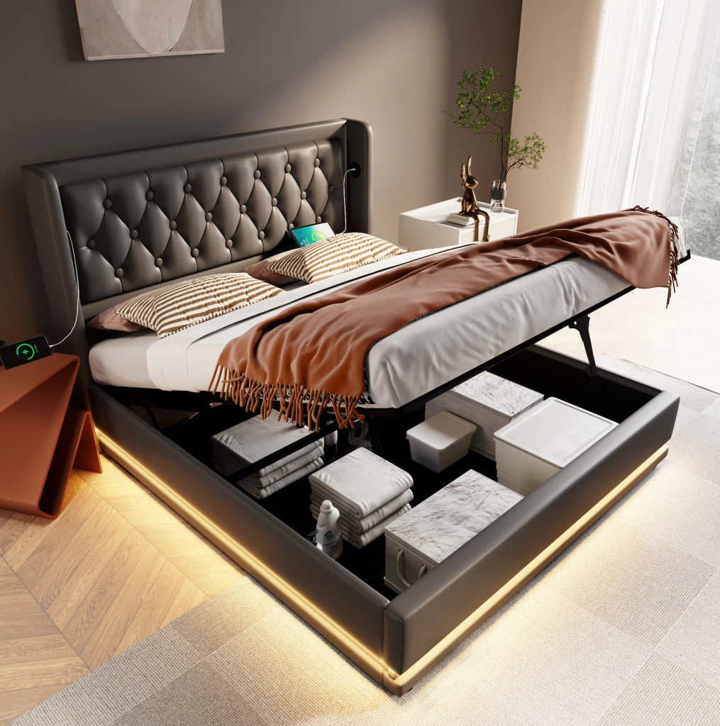 Letto matrimoniale 140x200 cm con materasso, LED e USB-C