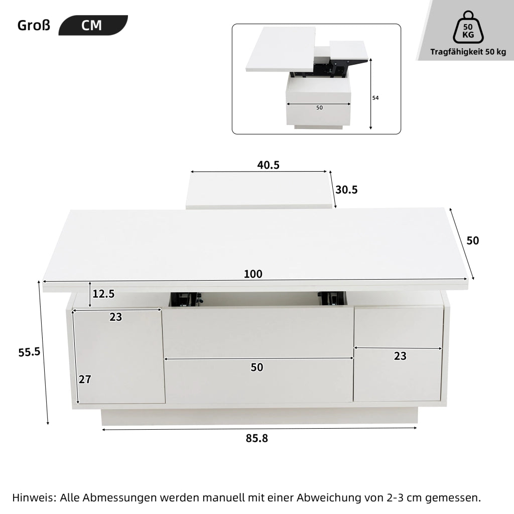 TAVOLINO DA CAFFÈ 100x50x43 cm Bianco in pannello di legno con doppio piano ribaltabile