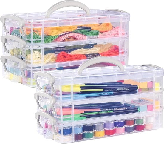 Scatola per penne con maniglie - 2 set di 3 livelli - ripiegabile - contenitore per penne - organizzatore per penne - ripiegabile - contenitore per materiali da disegno - contenitore con chiusura rapida - coperchio chiuso ermeticamente
