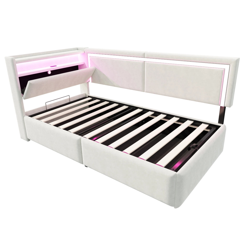 Divano letto imbottito 90x200 cm con LED, USB e contenitore