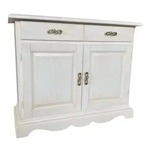 Credenza madia Alberta in legno 2 ante bugnate bianco anticato con zocolo sagomato