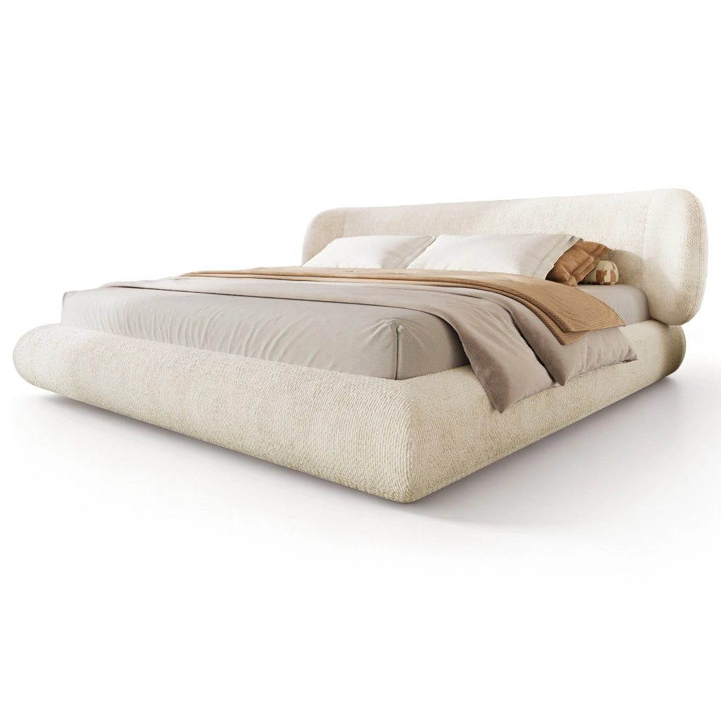 Letto matrimoniale imbottito 140 x 190 cm in ciniglia beige con rete a doghe e testiera