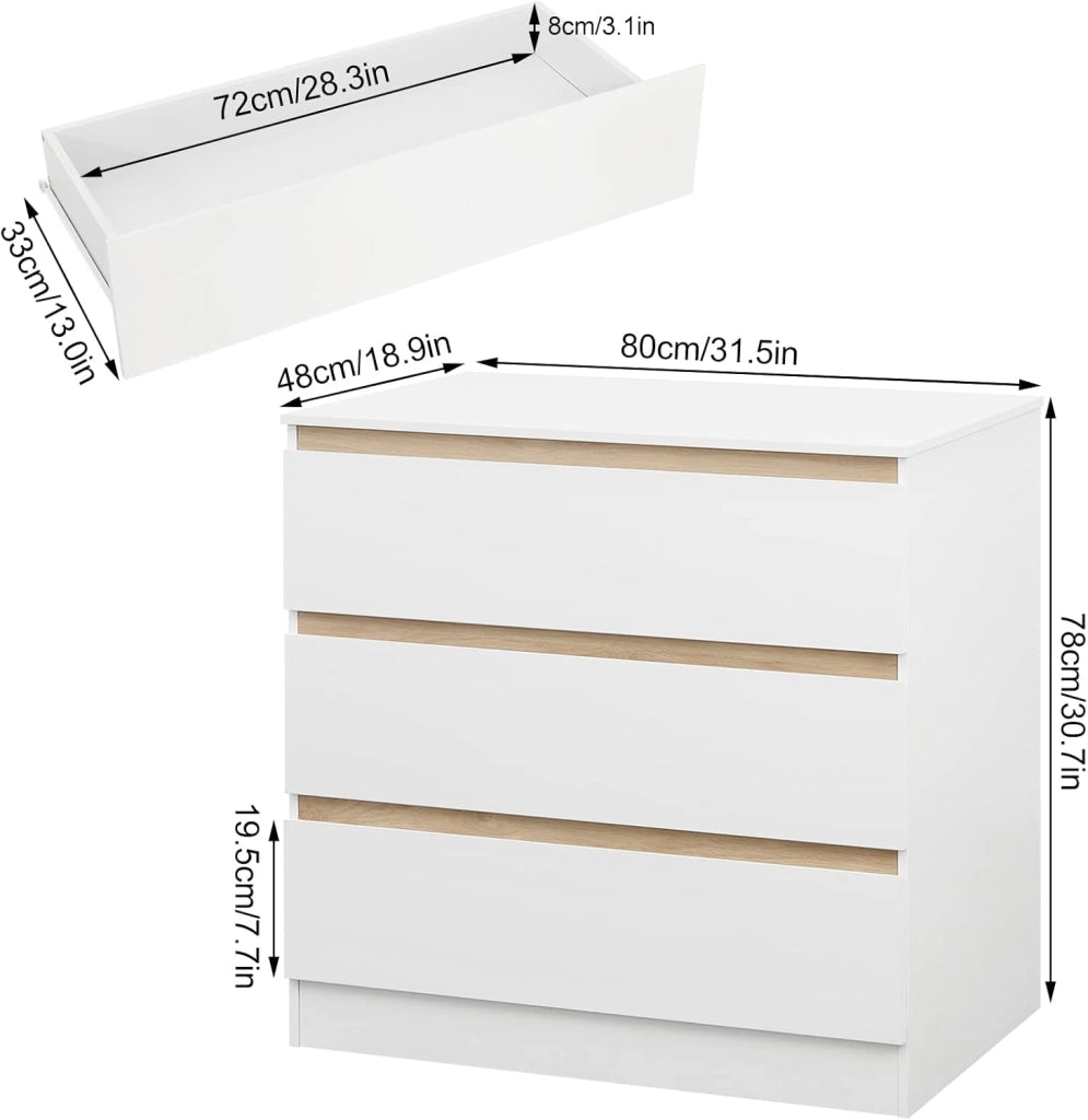 Fasciatoio, Cassettiera con 3 Cassetti, Cambio Pannolini Senza Mal di Schiena, Guardaroba per Vestiti, 80x48x78cm, Bianco+Rovere