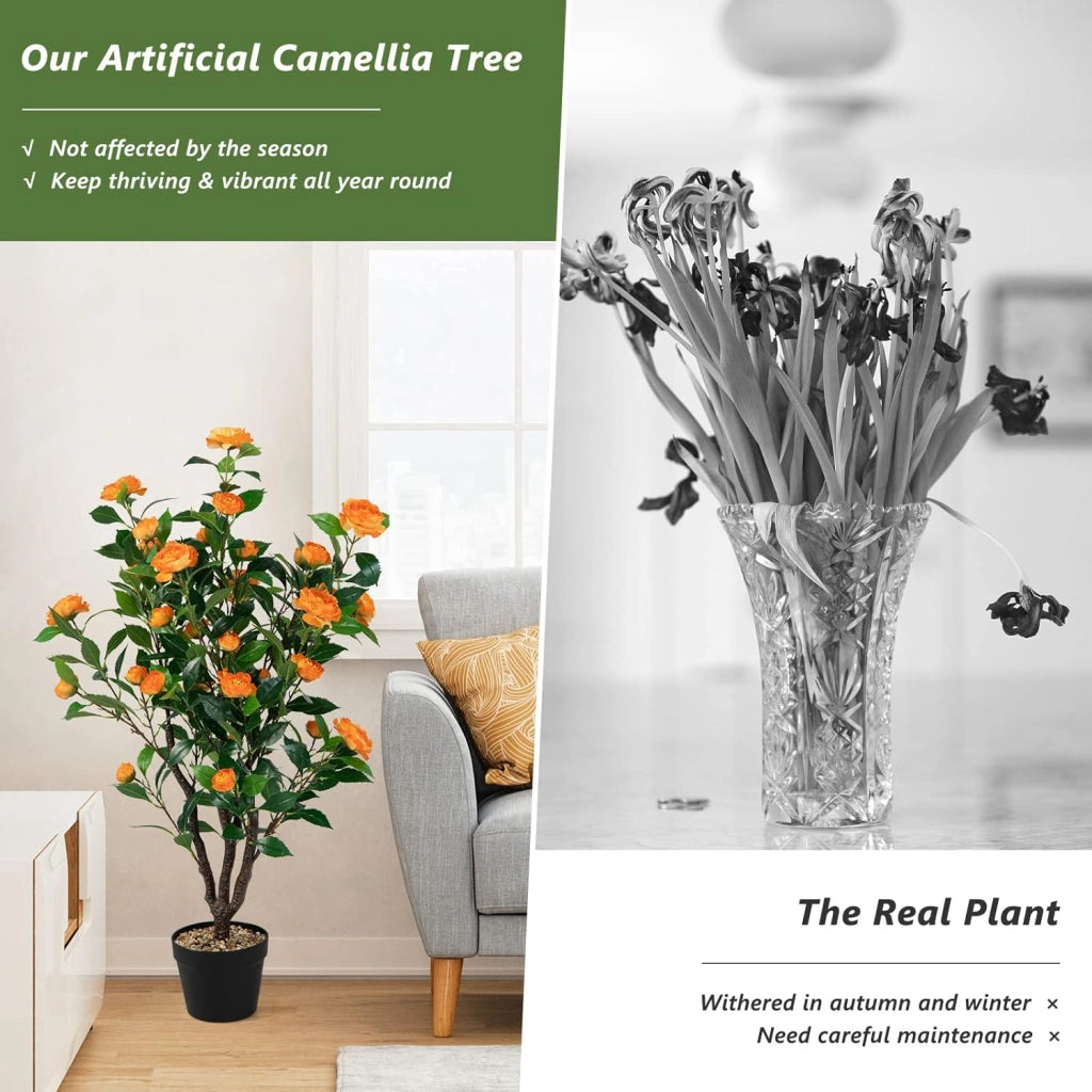 Albero Artificiale con 37 Camelie da 102 cm, Pianta Floreale Artificiale in Vaso di Cemento, Decorazione Interna ed Esterna, Pianta Falsa per Ufficio, Casa, Veranda