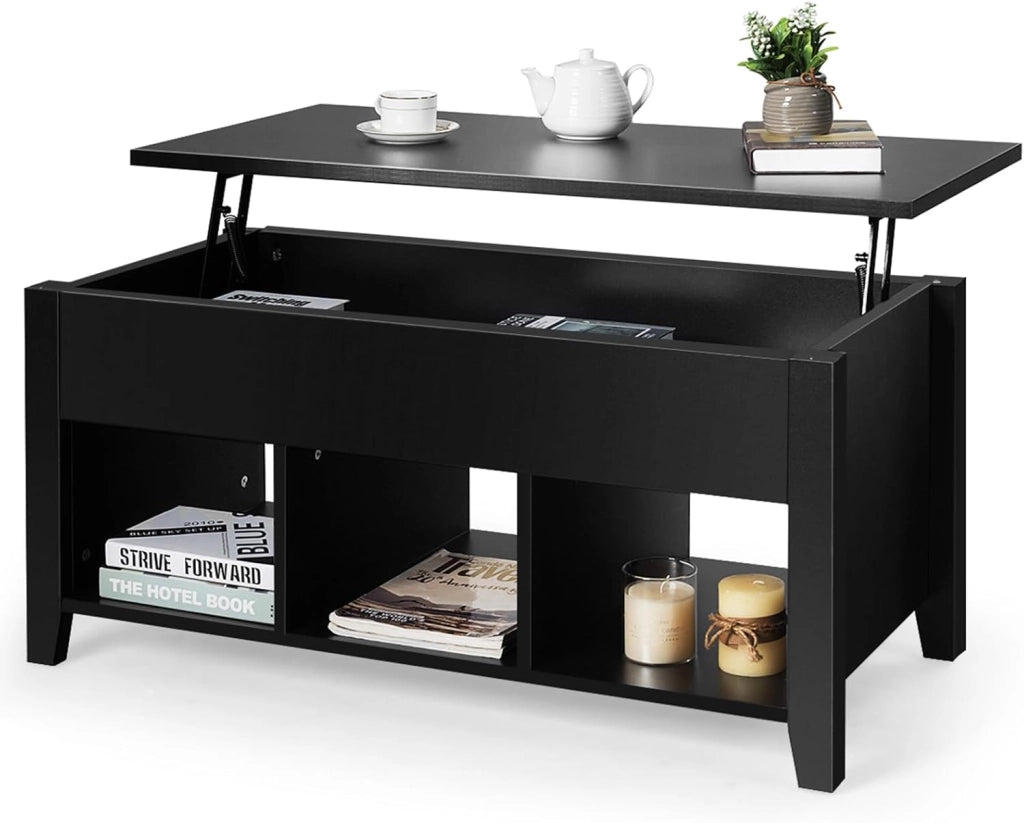 Tavolino da Salotto con Coperchio Sollevabile, Tavolino da Caffè Moderno Multifunzionale con Altezza Regolabile in Alto e Scompartimenti Nascosti e 3 Mensole Aperte in Basso (Nero)