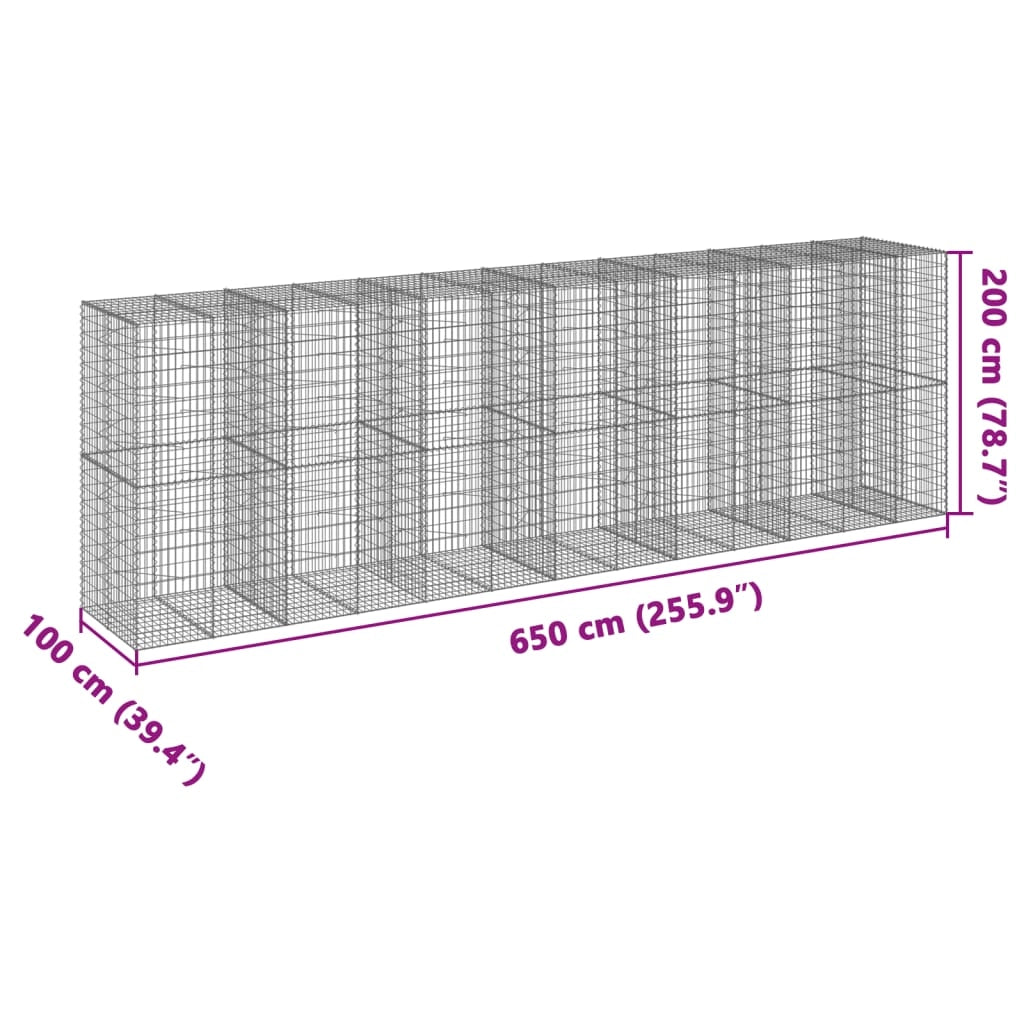Gabbione recinto a gabbia muro di contenimento con coperchio 650 x 100 x 200 cm ferro zincato argento 02_0040188
