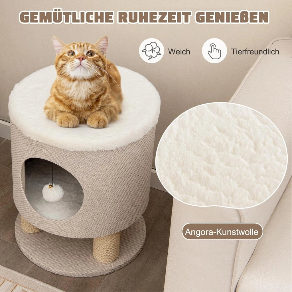 Tiragraffi per Gatti a Sgabello 47 cm, Grotta per Gatti con Palla Pompon Sospeso e 3 Tronchi Tiragraffi in Sisal, Cuccia per Gatto da Interno Piccolo Ø40, Beige