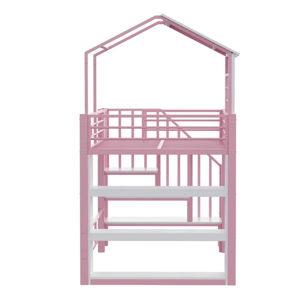 Letto a soppalco 90x200 cm con scala contenitore e scaffale; rosa