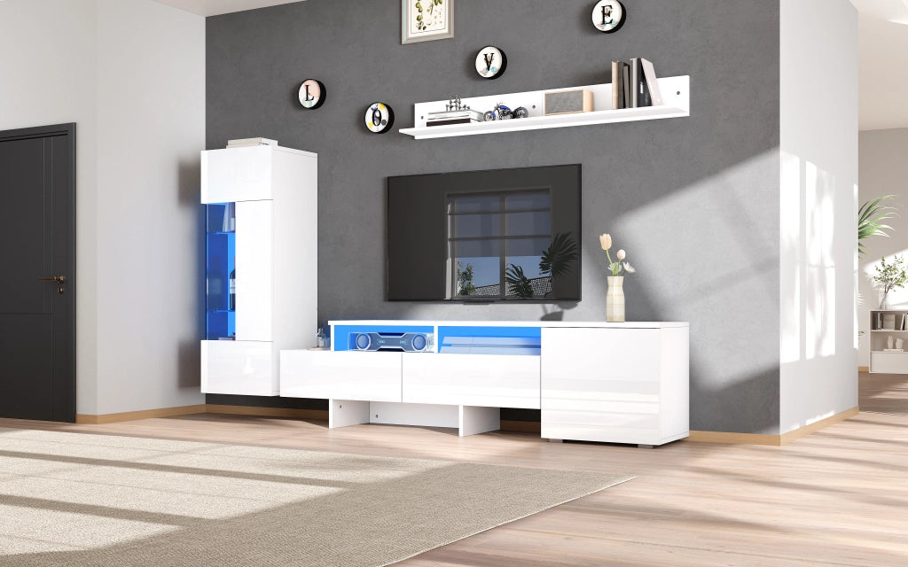 Mobile TV- set 3 pezzi- lucido- LED- sospeso- acrilico- vetro- bianco- per TV 70"
