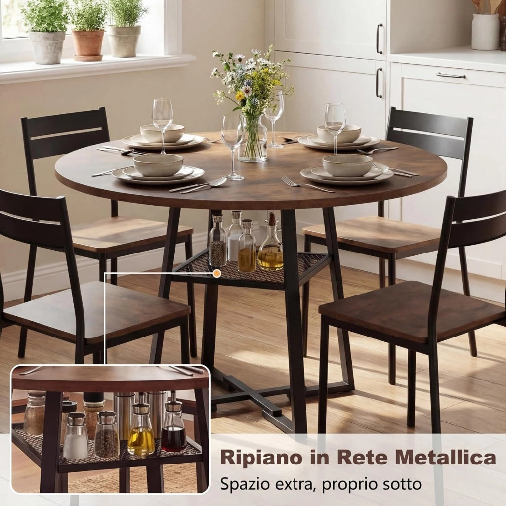 Tavolo da Pranzo Rotondo Ø120 cm, Tavolo da Cucina per 4-6 persone con Ripiano in Rete Metallica, Gambe in Metallo e Base a X Robusta, Stile Industriale, per sala da Pranzo e Soggiorno