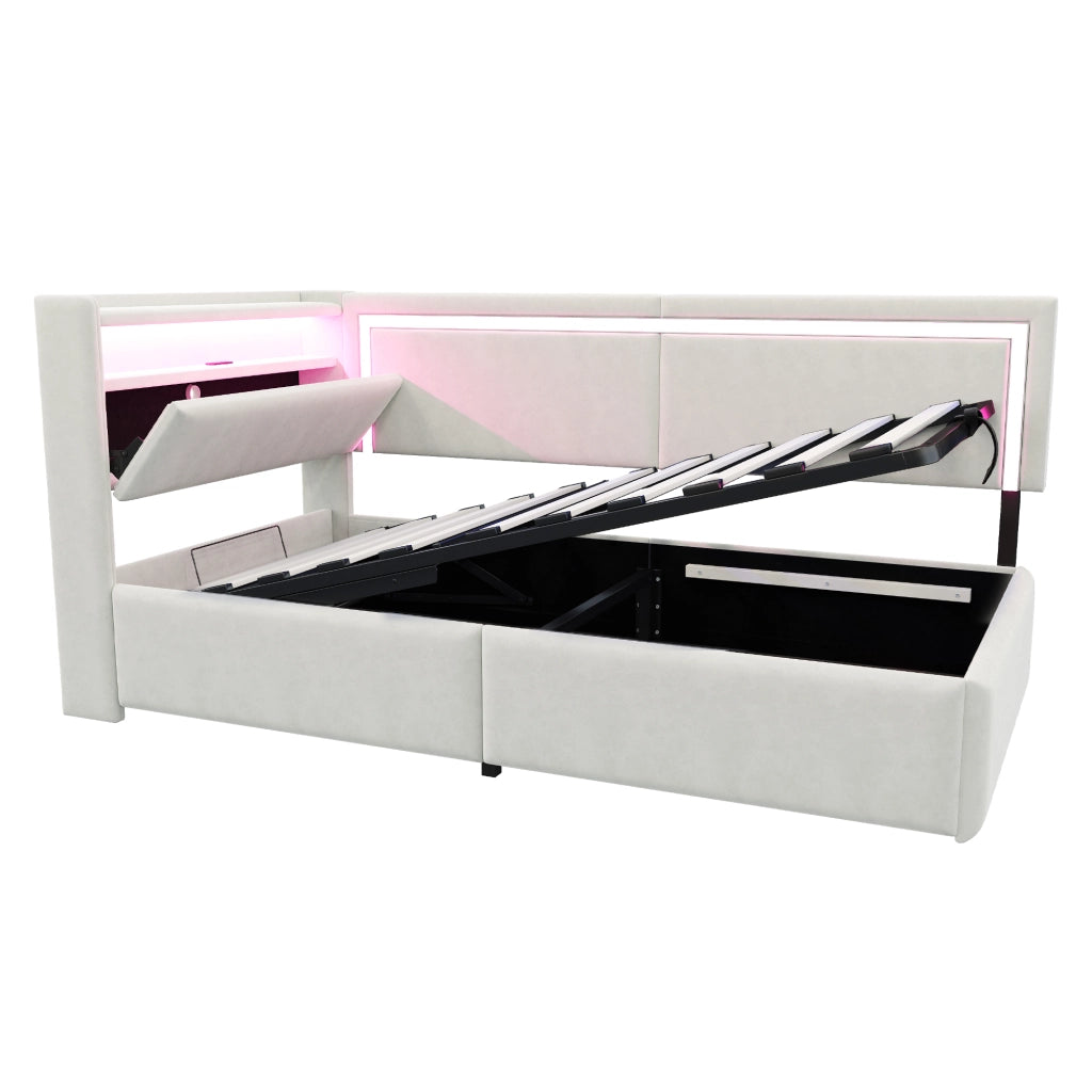 Divano letto singolo con contenitore idraulico testiera con vani e LED USB in velluto beige 90 × 200 cm