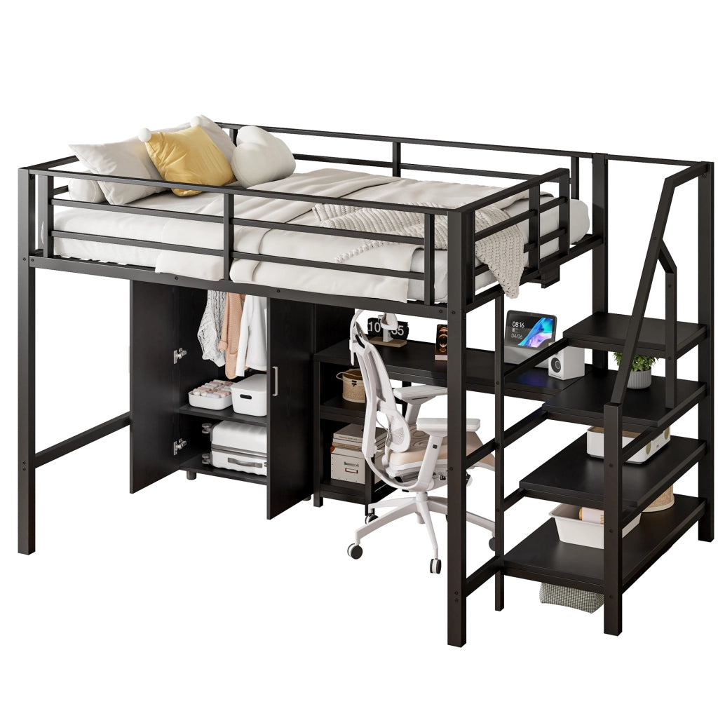 Letto a castello nero in metallo con scrivania armadio e scaffali 140x200 cm