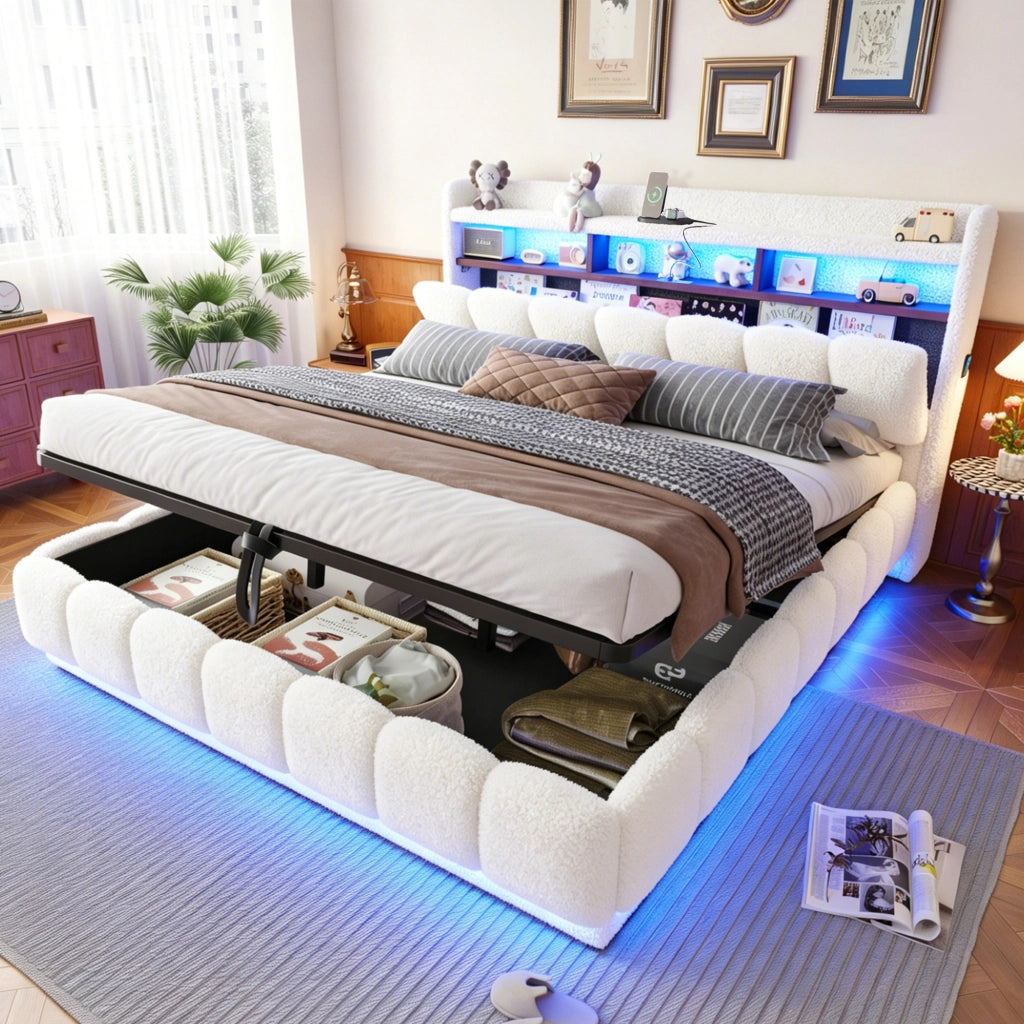 LETTO Contenitore 180x200 cm Bianco in tessuto boucl¨¦ con LED e USB