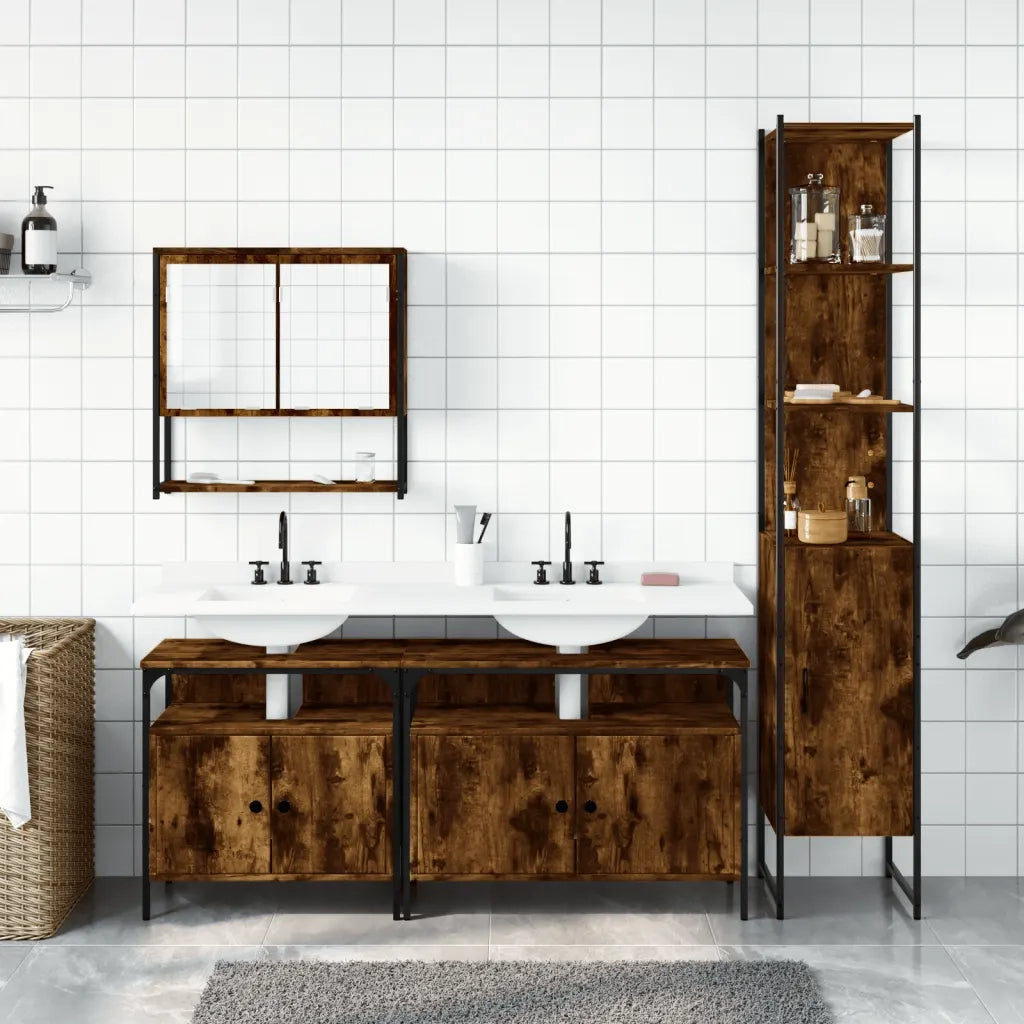 Set Mobili da Bagno | Armadio da bagno 4 pz Rovere Fumo in Legno Multistrato