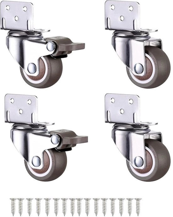 Set di ruote a rotolamento silenzioso - 4 pezzi - 2 con freno + 2 senza freno - 1,25" - con viti - L-bocco - ruote a rotolamento con freno - gommate - argento e marrone - fissaggio laterale - per gambe di mobili