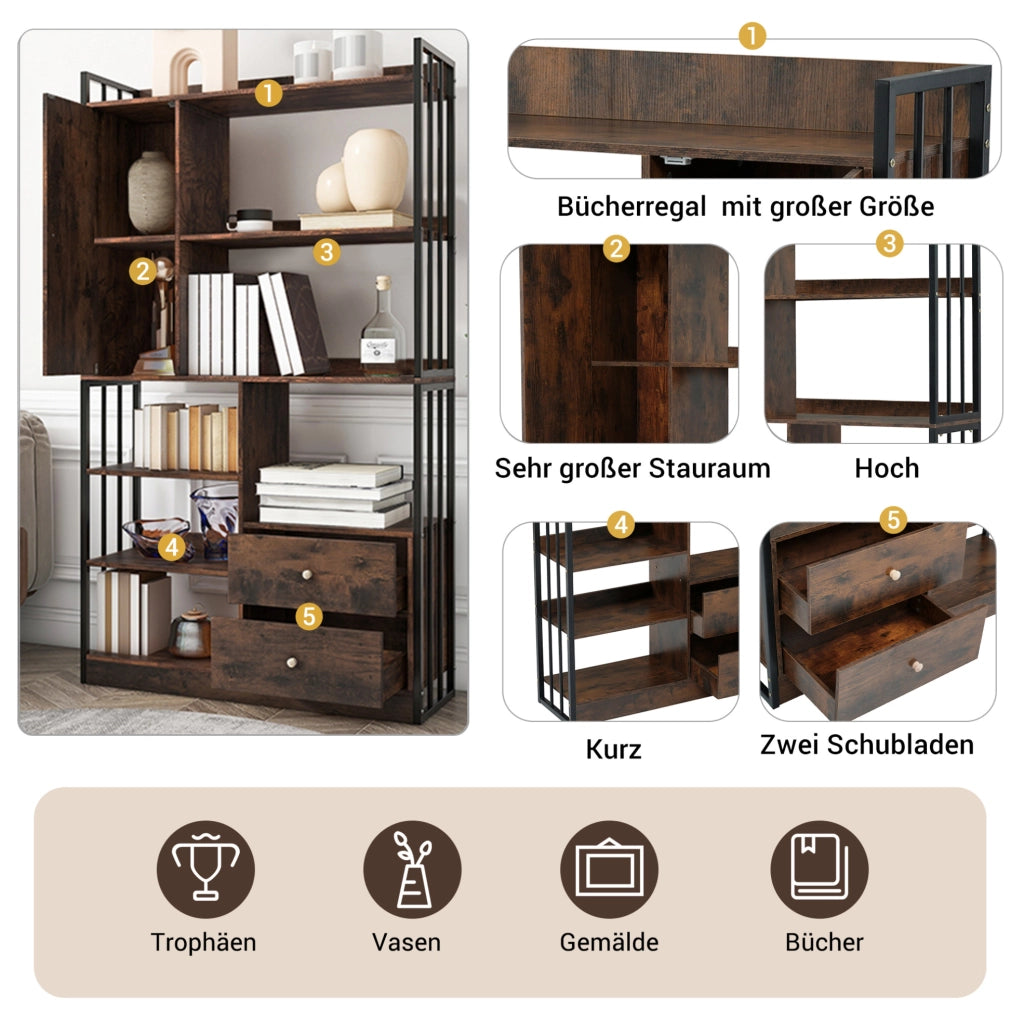 Libreria industriale 100x30x173;5 cm con ante e cassetti; effetto legno marrone nero