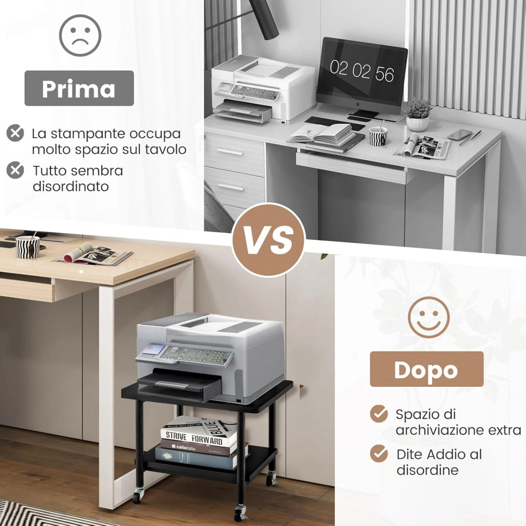 Supporto per Stampante, Carrello Stampante con Ruote Girevoli a 360⁰, Design Rimovibile, Superficie Ampia e Liscia, di Legno e Acciaio, 49 x 40 x 37 cm (Nero)