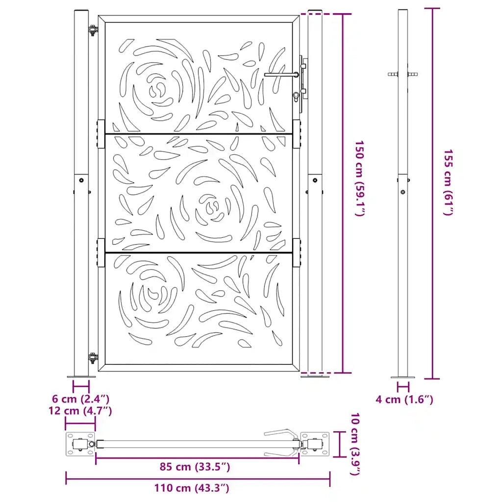 vidaXL Cancello Giardino Nero 105x155 cm in Acciaio Design a Fiamma