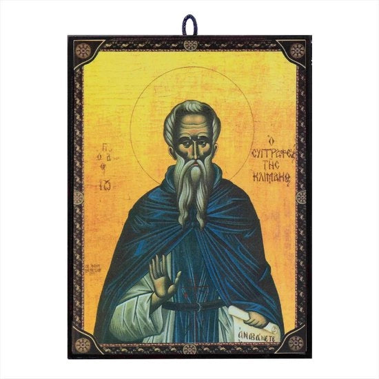 Icona a mano di San Giovanni Climaco - Stile Bizantino - Icona in Legno - Dimensioni 9,7 x 13,5 x 1,2 cm - Cinturino per Posizionamento Flessibile - Immagine Religiosa