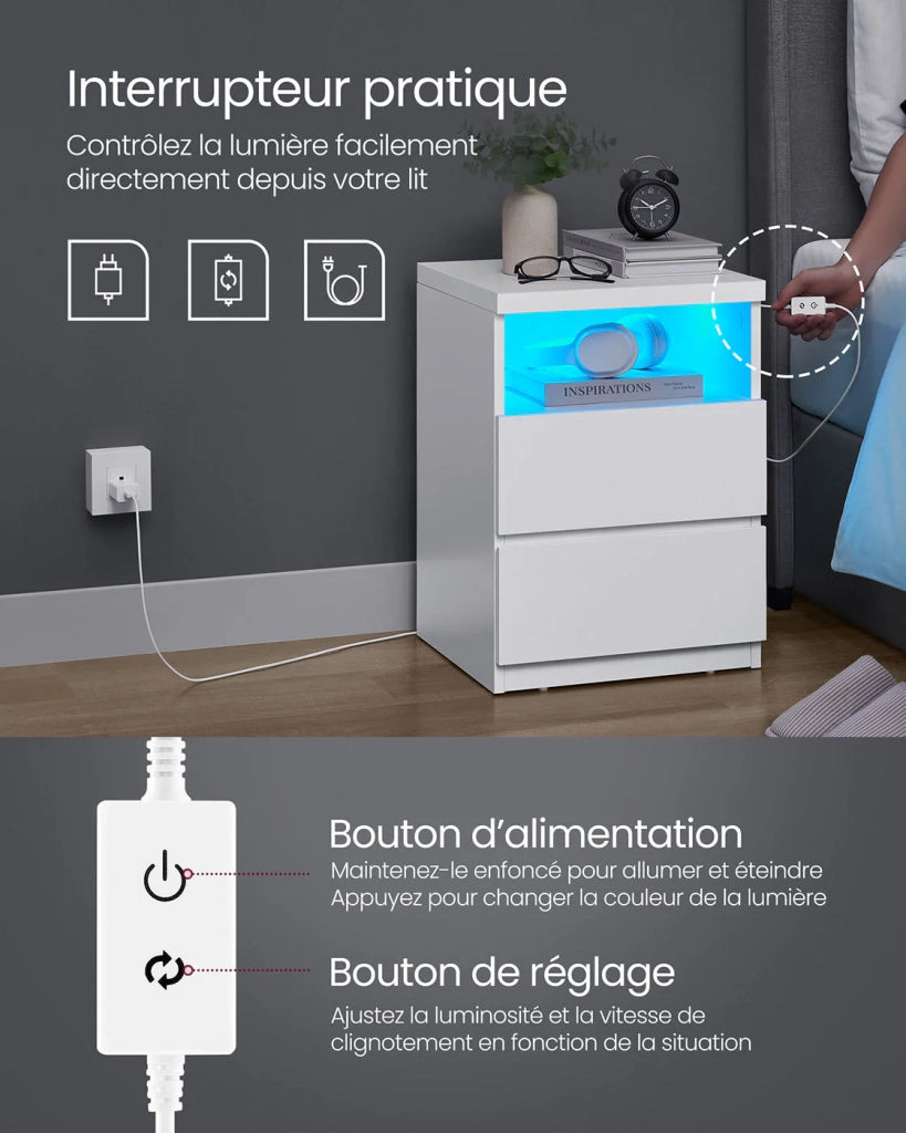 Comodino con illuminazione LED regolabile tavolino con cassetti cassettiera comodino per camera da letto soggiorno stile moderno bianco 12_0007604