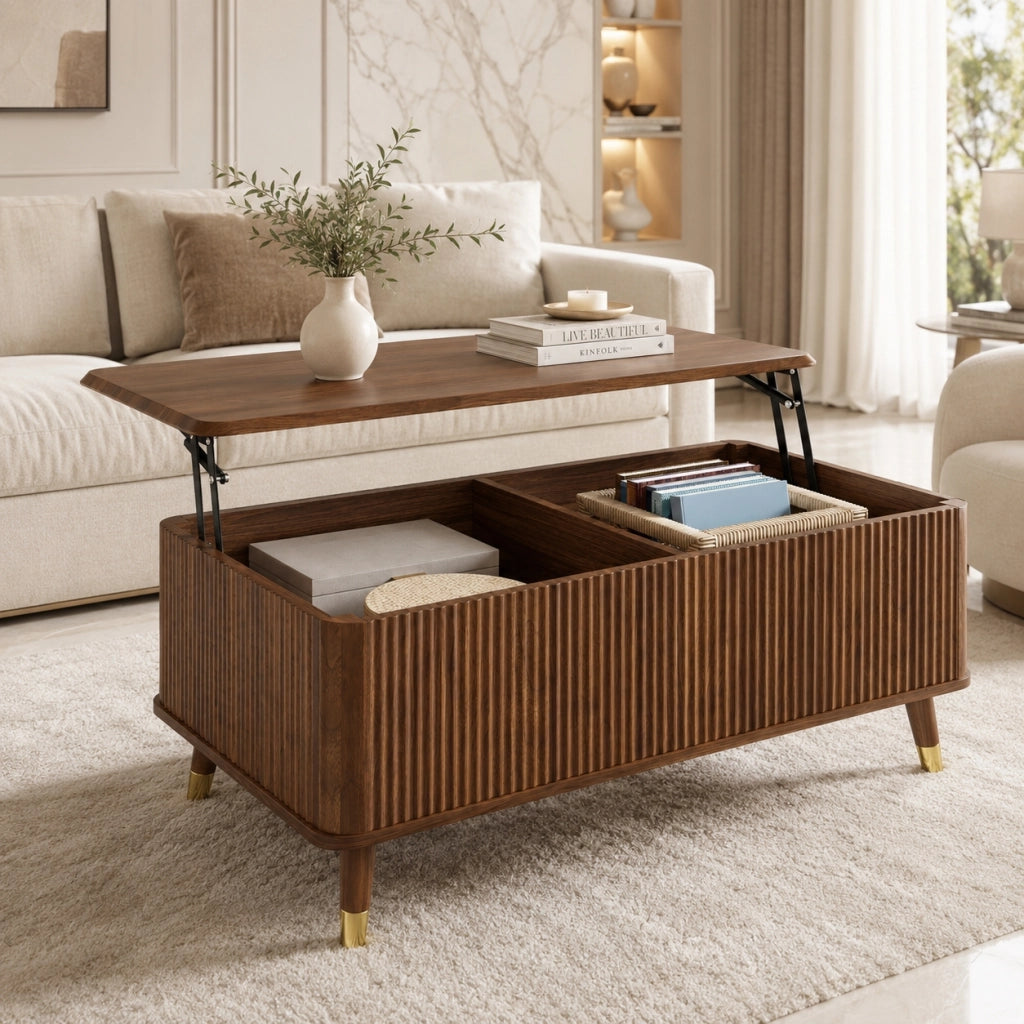 Tavolino da salotto - Tavolino d'appoggio - Altezza regolabile - Piano allungabile - Mobile multifunzione per soggiorno - Vani contenitori nascosti - Finitura color noce