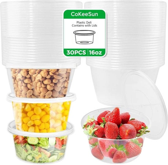 30 Stuks Contenitori Plastici con Coperchi Rond 16oz/450ml Riciclabili Imbottigliatori di Salsa per Meal Prep Contenitori per Portata da Asporto Dip Salate Gelati
