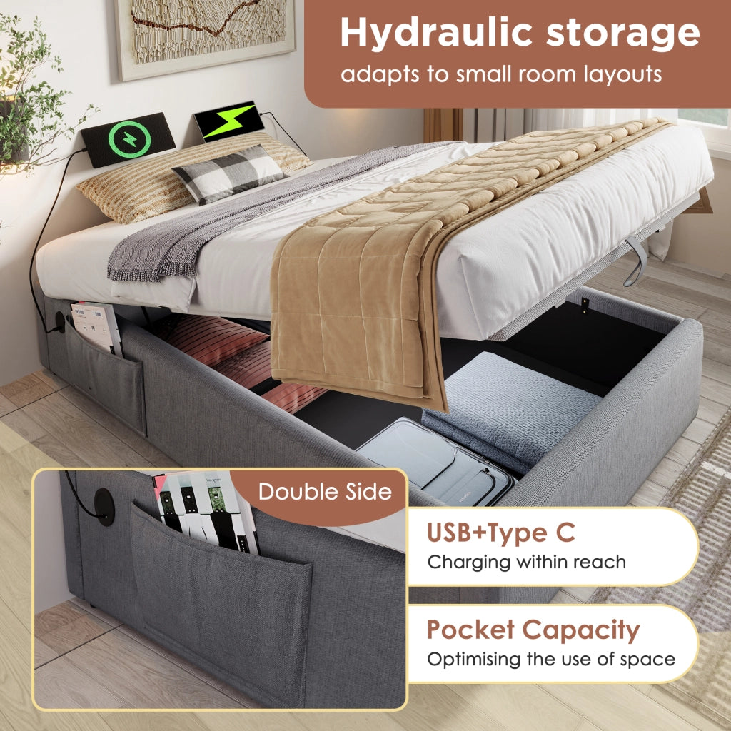 Letto Contenitore Letto Matrimoniale 140 x 200 cm con USB; Type-C e Tasca Laterale; senza Materasso