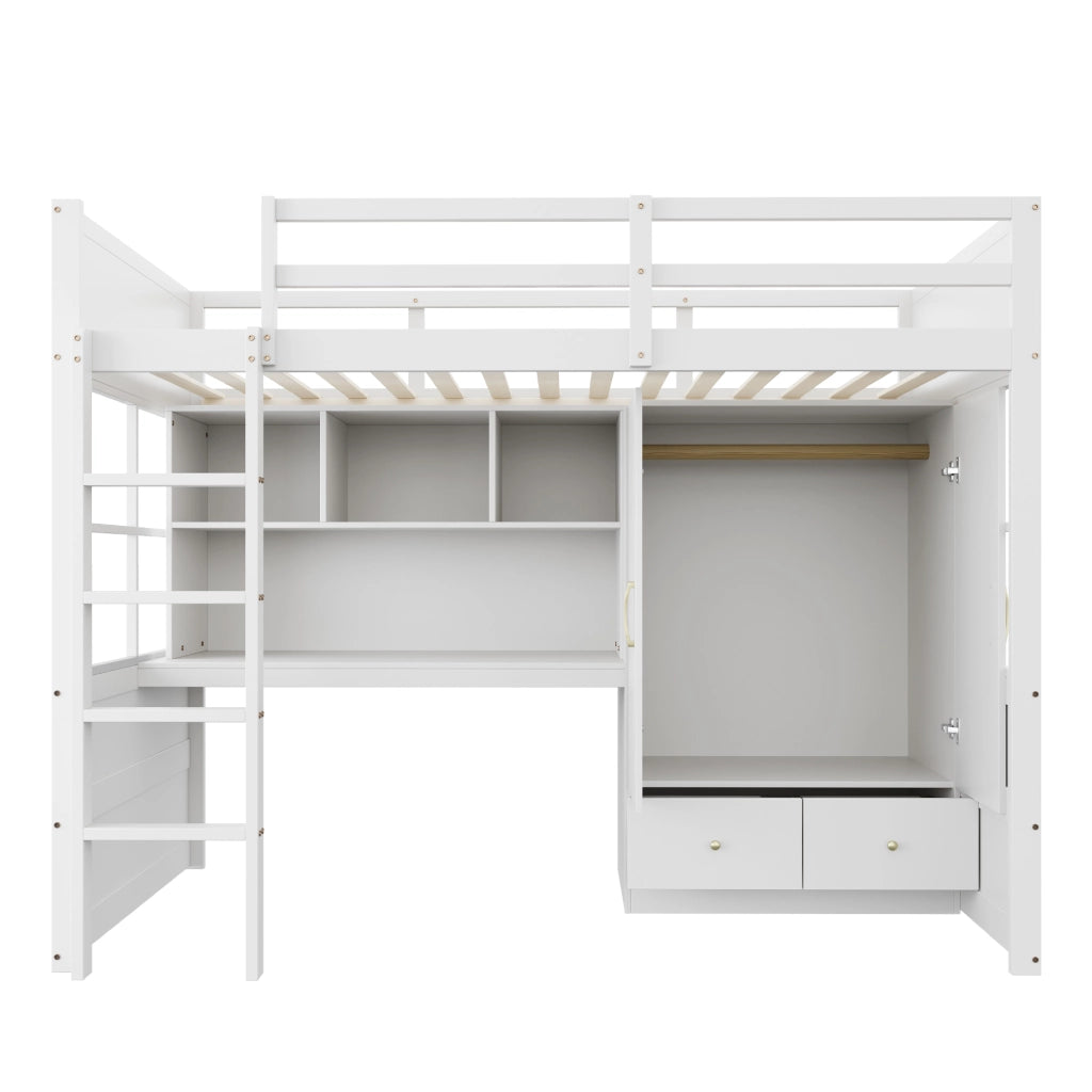 OKWISH Letto a Soppalco Letto Singolo, con Scrivania, Armadio, Cassetti e Vani Contenitore, 90×200 cm, senza Materasso, Legno, Bianco