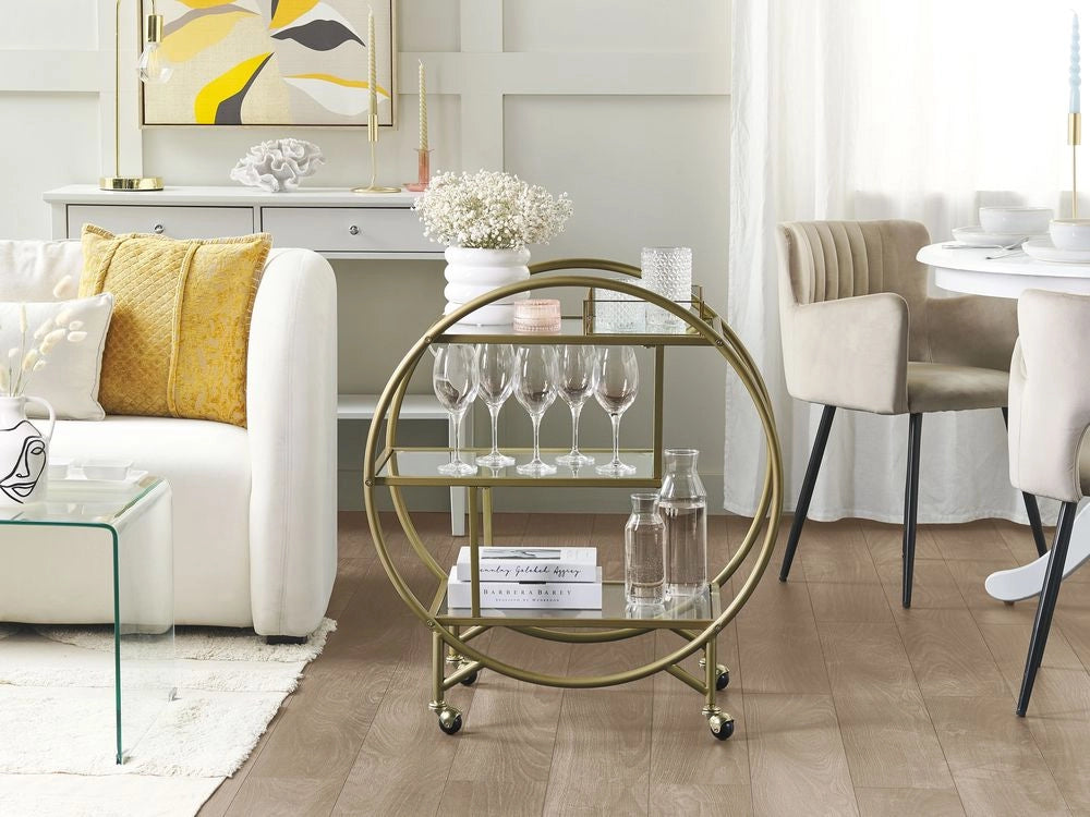 Carrello Cucina Metallo dorato Vetro 50 x 34 cm Ruote Glamour Portaoggetti Aperto Tre Ripiani Soggiorno