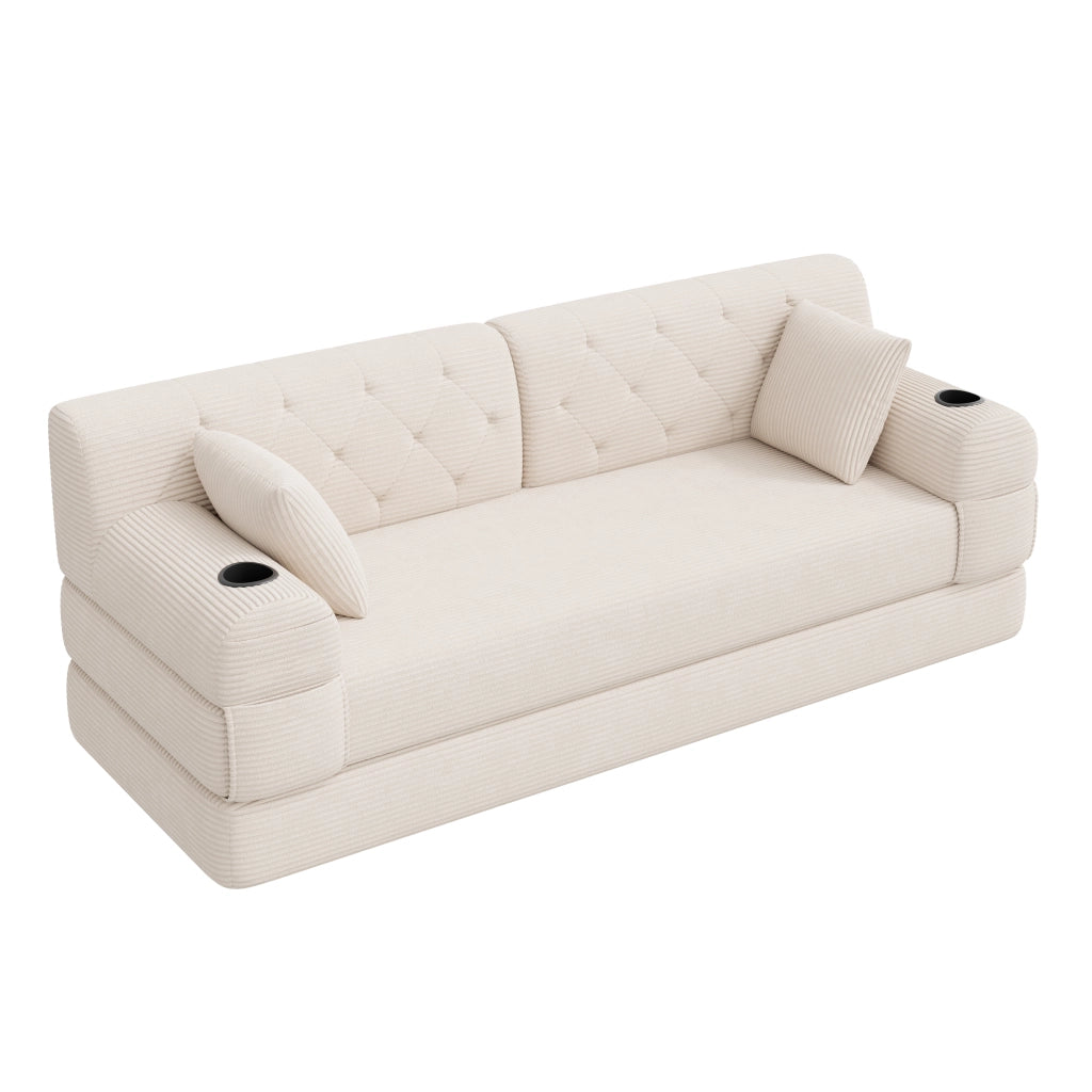 Divano letto 3 posti in corda con schienale alto; 4 tasche e 2 portabicchieri; beige