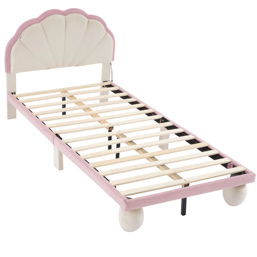Letto per Bambini 90x200 cm; Letto Singolo - LED Multicolore con Effetti Cangianti - in Velluto - Beige e Rosa