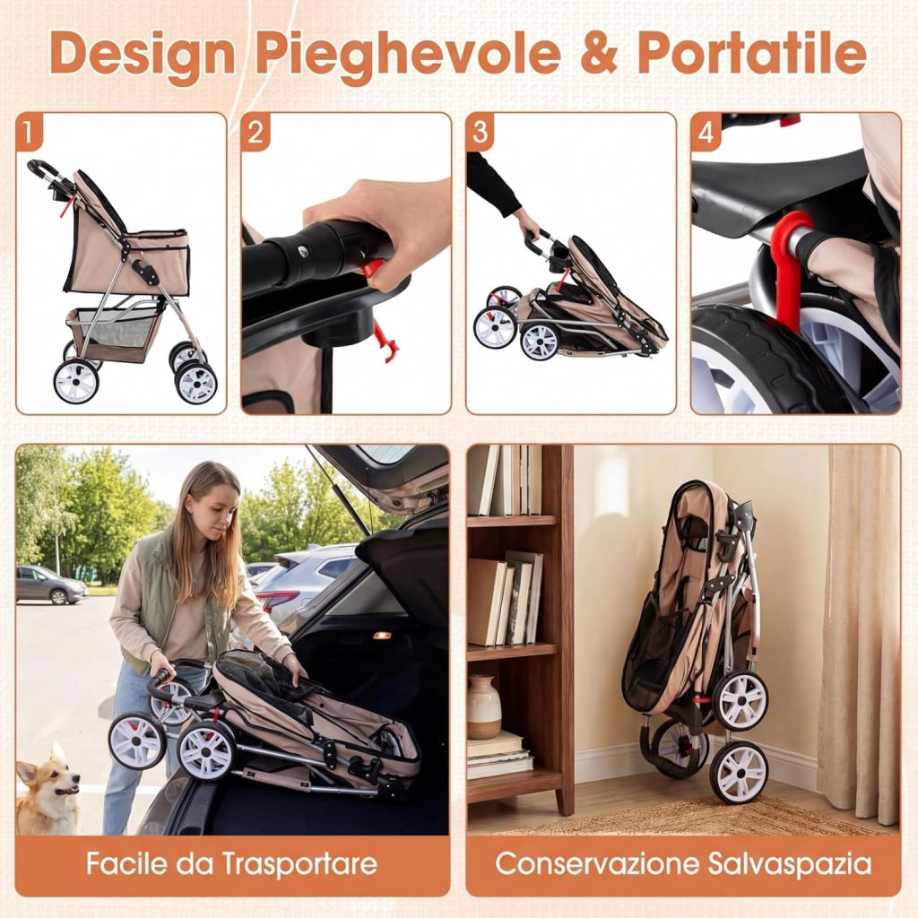 Passeggino per Cani Piccoli Pieghevole Facile, Carrozzina per Cani Portata Fino a 15 kg con Rete Traspirante e Copertura Impermeabile, Passeggino per Gatti per Viaggio (Beige)