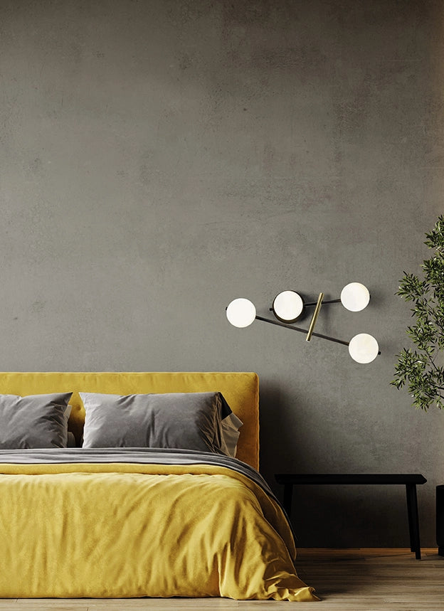 KIKA APPLIQUE PARETE 4 LUCI IN METALLO NERO E VETRI TONDI BIANCHI PARTICOLARI ORO ATTACCO G9