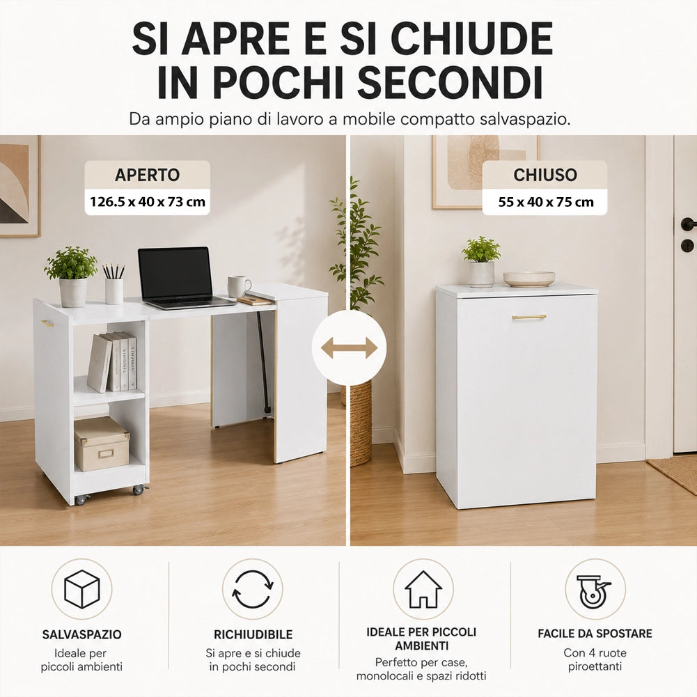 Mobile con Tavolo a Scomparsa Bianco Richiudibile Salvaspazio Scrivania Libreria