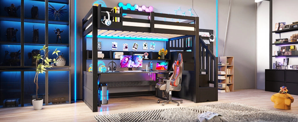 Letto a soppalco nero 90x200 con scale contenitore, armadio e luci LED