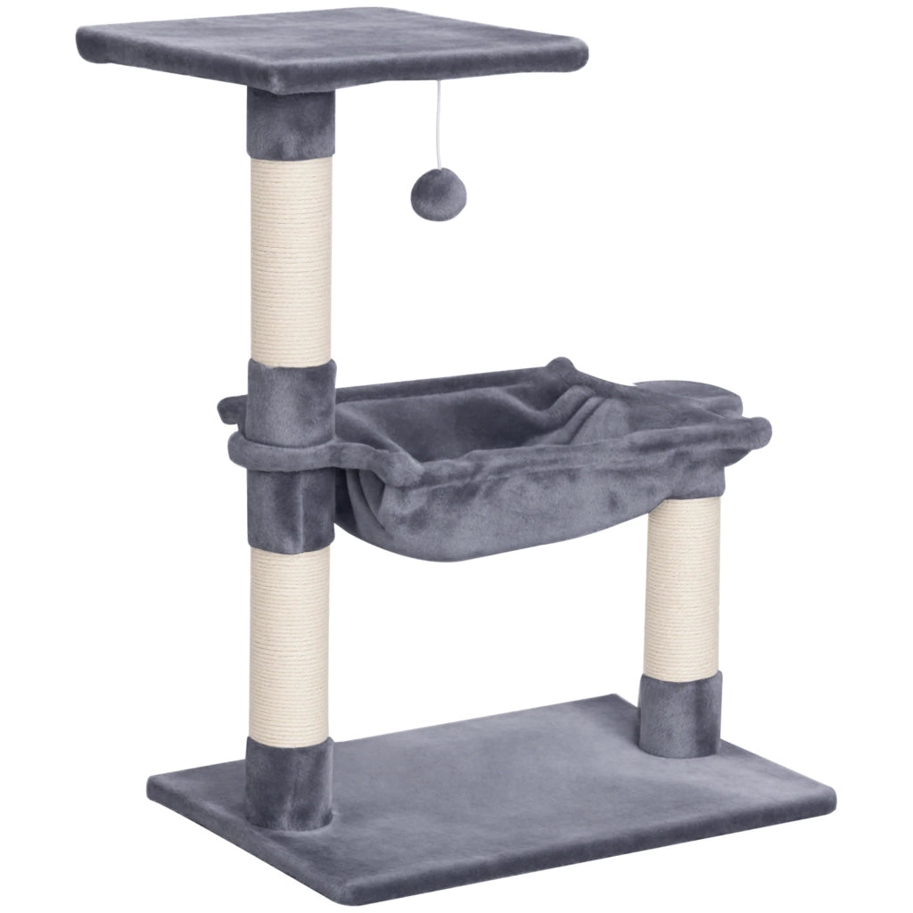 Albero per gatti piattaforma 50 x 36 x 70 cm graffiatoi multipli amaca e pallina sospesa design contemporaneo in peluche grigio 21_0007630