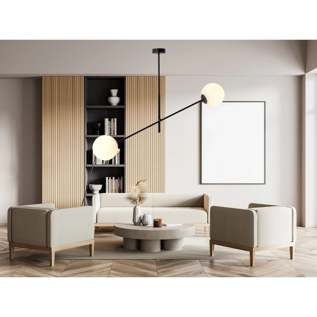 Lampadario 2 Luci Yama In Acciao Nero Con Bracci Regolabili E Vetro Opale